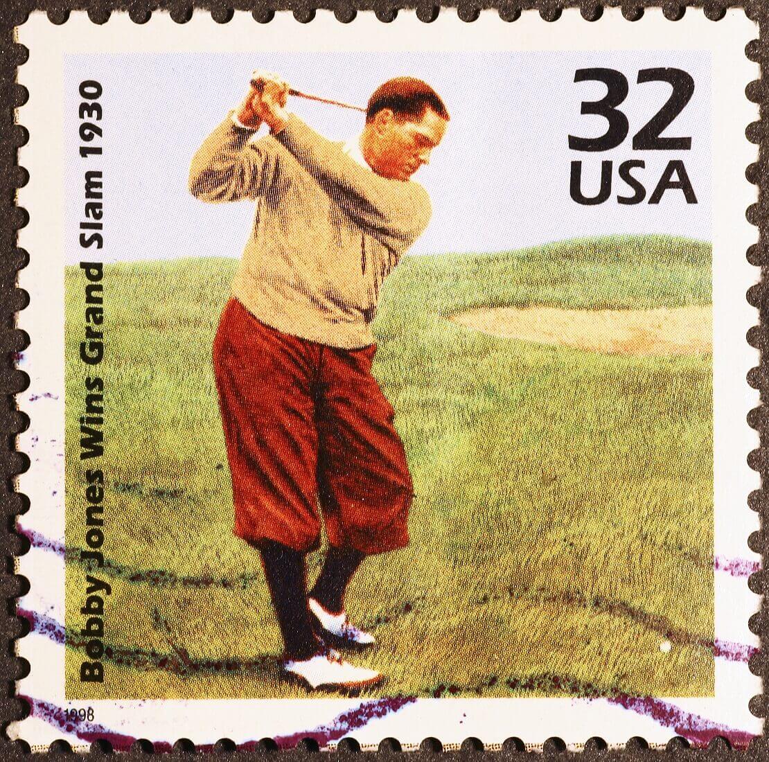 Briefmarke mit Bobby Jones und der Aufschrift "Bobby Joney Wins Grand Slam 1930"