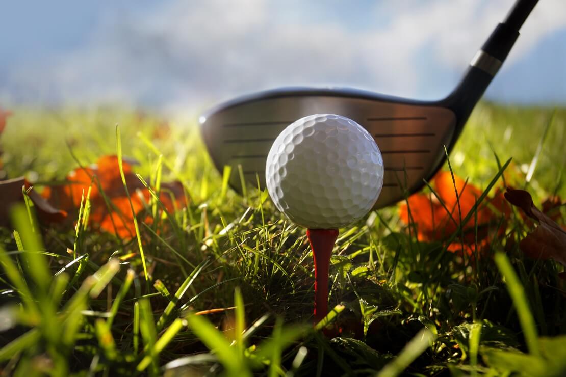 Golfball und Schläger im herbstlichen Gras