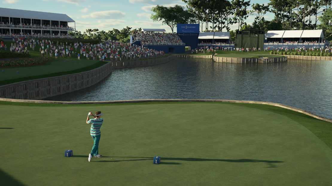 Videospielgrafik eines Golfers vor einem Wasserhindernis, im Hintergrund viele Zuschauer