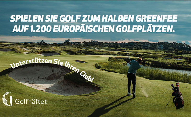 Golfhäftet Werbeplakat mit Golfer auf einem Platz mit Bunker