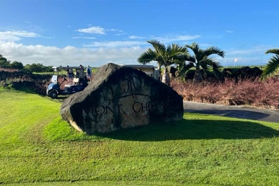 Ein großer Felsen, im Hintergrund Palmen und ein Golf Cart