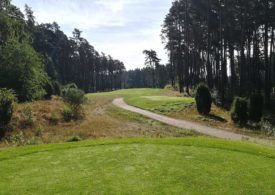 Ein schmaler Schotterweg der durch den Golfplatz führt, an den Rändern dichter Wald.