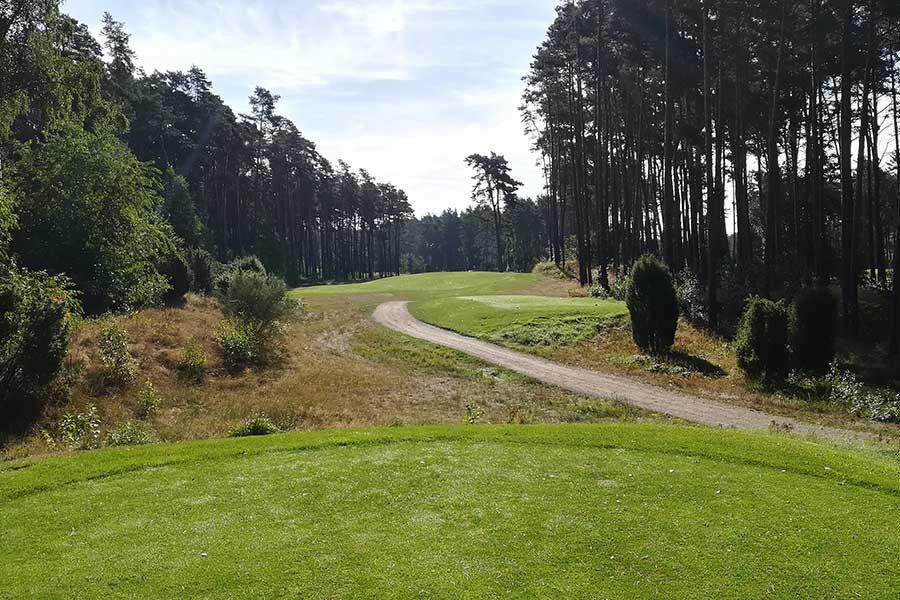 Ein schmaler Schotterweg der durch den Golfplatz führt, an den Rändern dichter Wald.