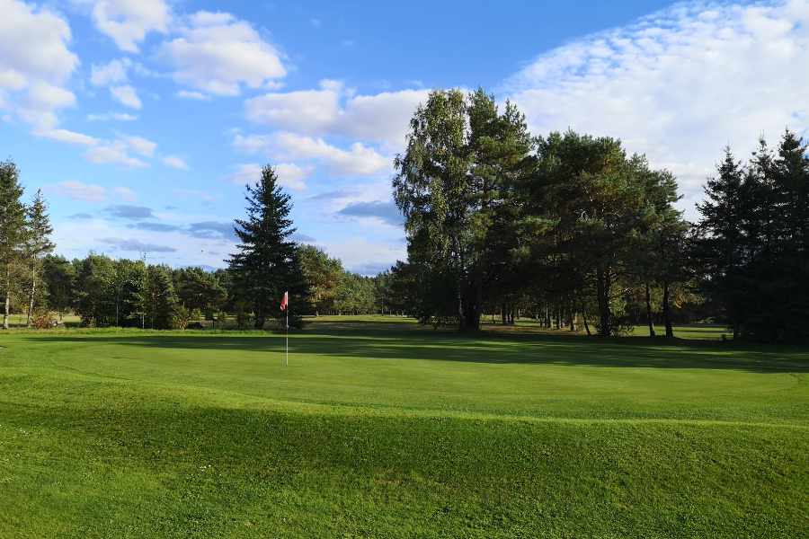 Eine Fahne vor Bäumen auf einem Golfplatz