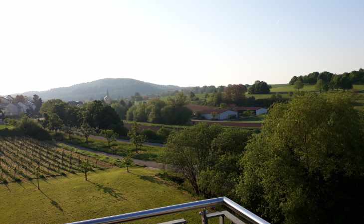 Blick vom Balkon über eine Landschaft