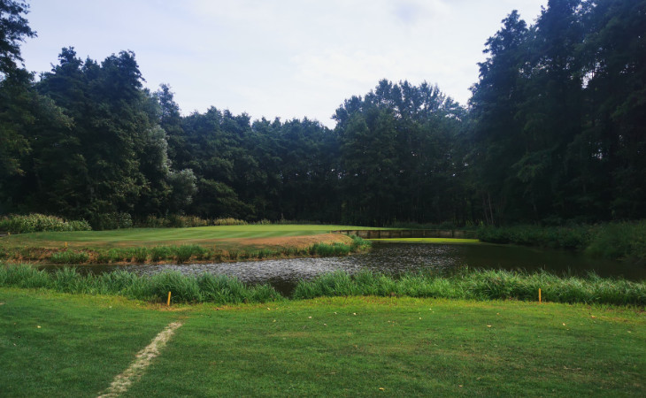 Ein Wasserhindernis auf einem Golfplatz, ringsum Bäume