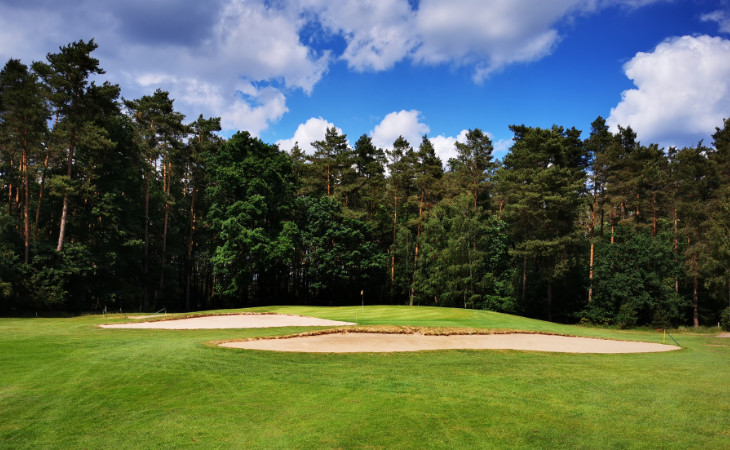 Sandbunker vor einem Wald auf einem Golfplatz