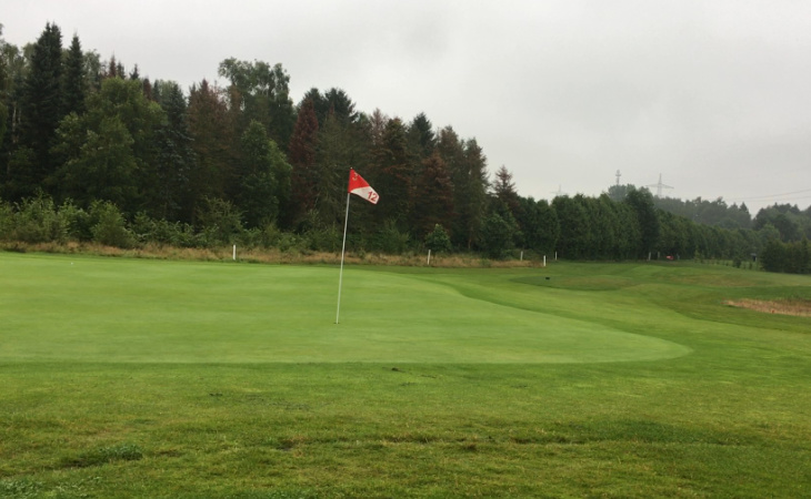 Ein grün mit Fahne auf einem Golfplatz