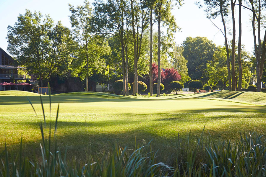 Ein paar Bäume und ein Gebäude hinter einem Golfplatz