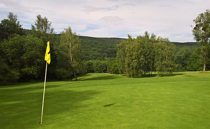 Eine gelbe Fahne auf einem Golfplatz