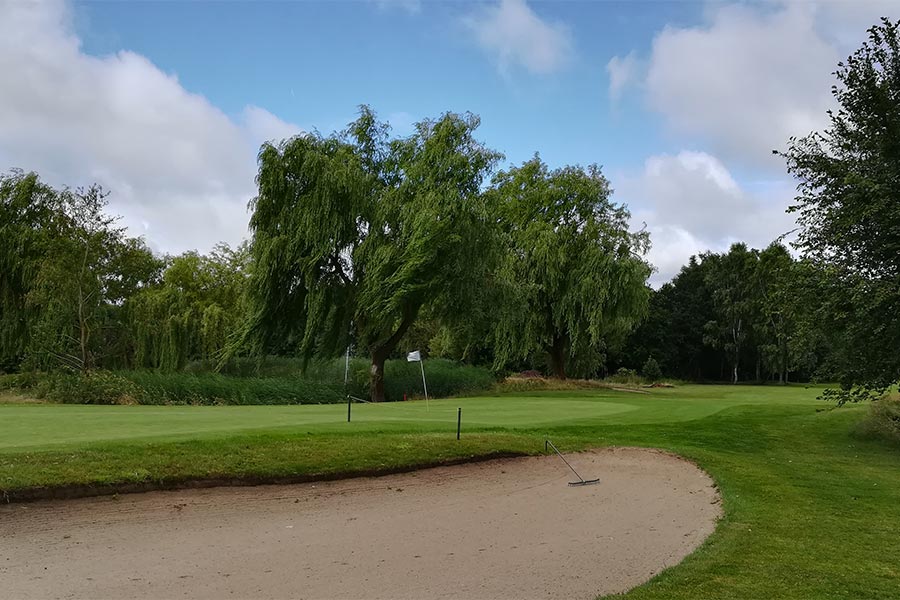 Ein Golfplatz mit Bäumen und Gebüsch im Hintergrund und in der Mitte ist ein Graben