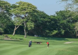 Ein großer Golfplatz mit Golfspielern in der Mitte