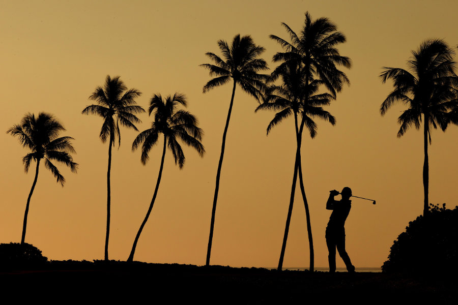 Die Schattensilhouette eines Golfers unter Palmen im Sonnenuntergang