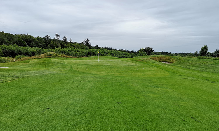 Ein hügliger Golfplatz mit einer gelben Flagge in der Mitte