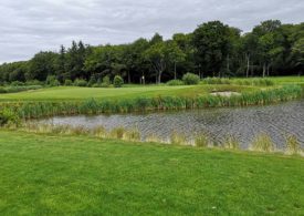 Ein Golfplatz mit einem See im Vordergrund