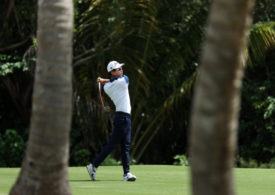 Ein Golfer beim Abschlag zwischen Palmen