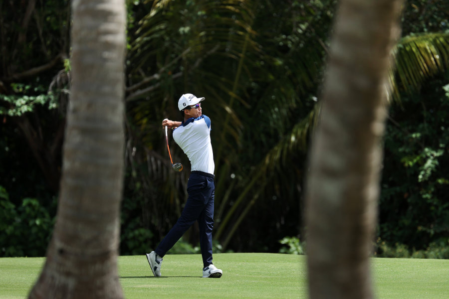 Ein Golfer beim Abschlag zwischen Palmen