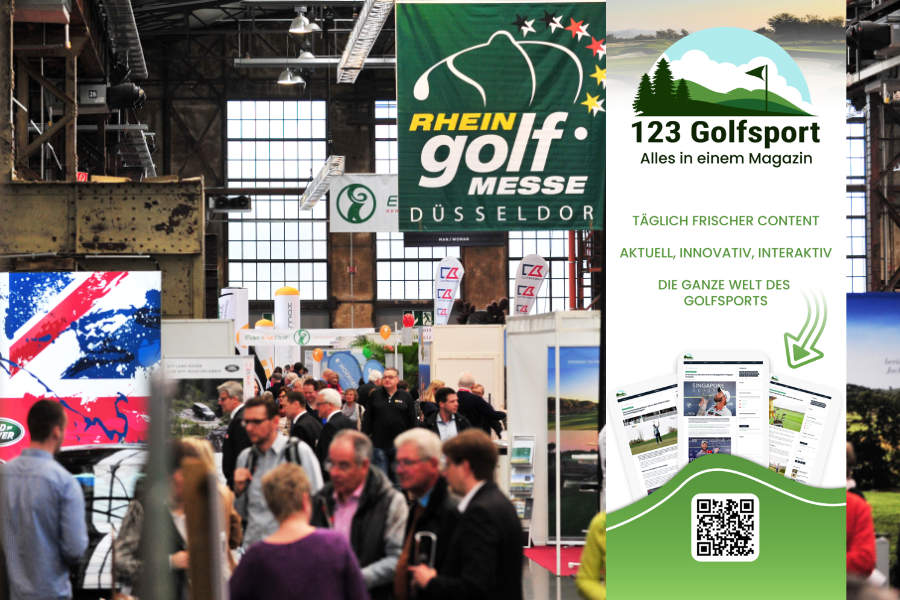 Besucher auf einer Golfmesse, daneben ein Banner von 123Golfsport