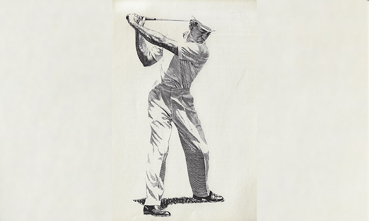 Ein altes Bild von einem Golfspieler der einen Golfschläger schwingt
