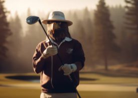 Ein Golfer mit Adlermaske