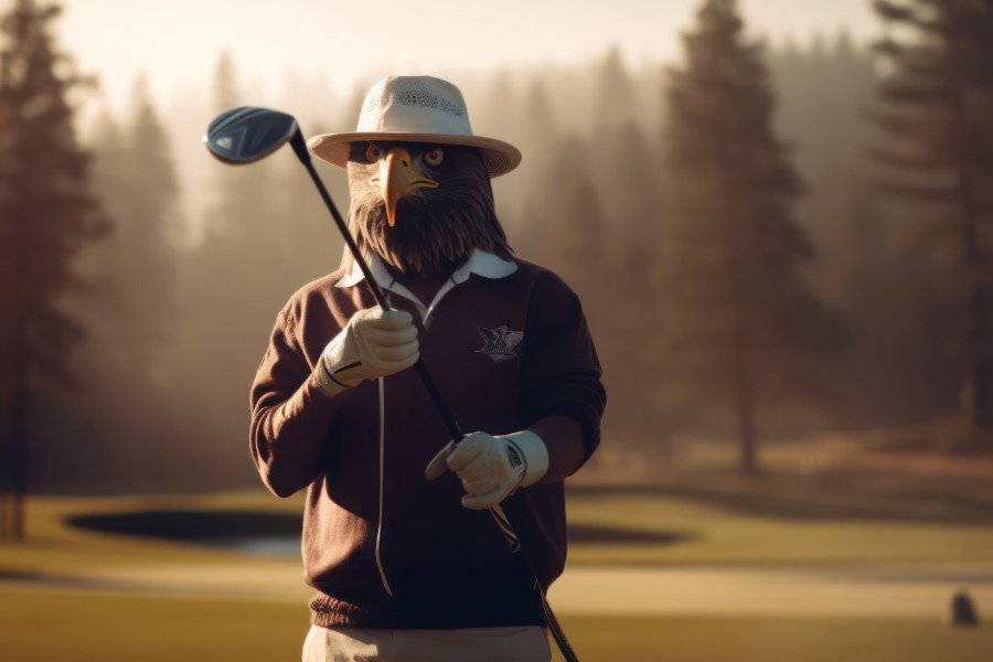 Ein Golfer mit Adlermaske