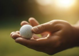 Nahaufnahme einer Hand, die einen Golfball hält