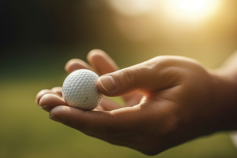 Nahaufnahme einer Hand, die einen Golfball hält