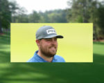 Das Porträt eines Golfspielers vor einem unscharfen Golfplatz-Hintergrund