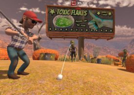 Videospielanimation eines Golfers, der mit dem Ball einen Zombie anvisiert