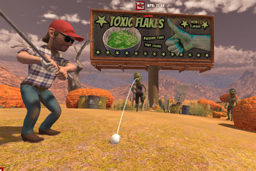 Videospielanimation eines Golfers, der mit dem Ball einen Zombie anvisiert