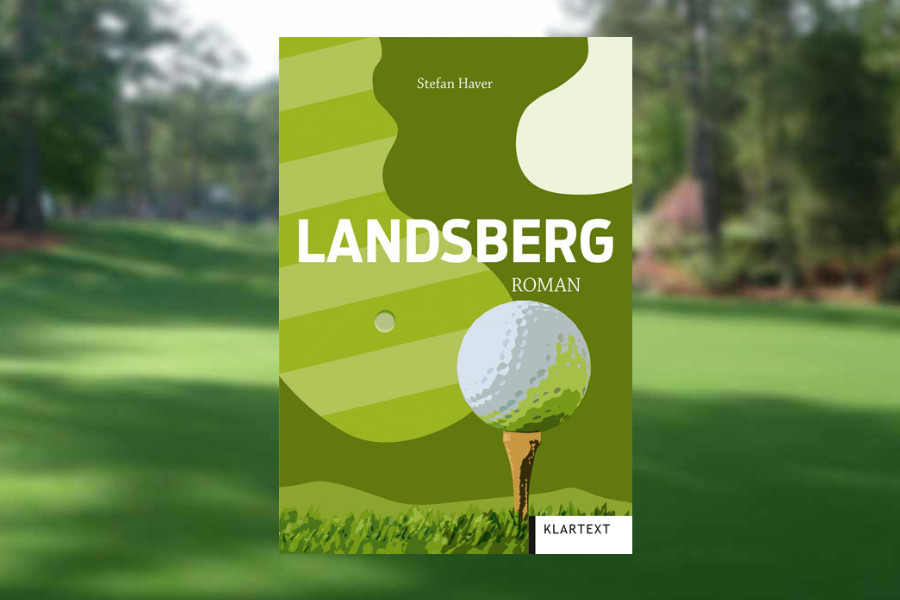 Ein Buchcover vor einem verschwommenen Golfplatz