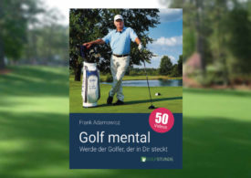 Ein Buchcover vor einem verschwommenen Golfplatz