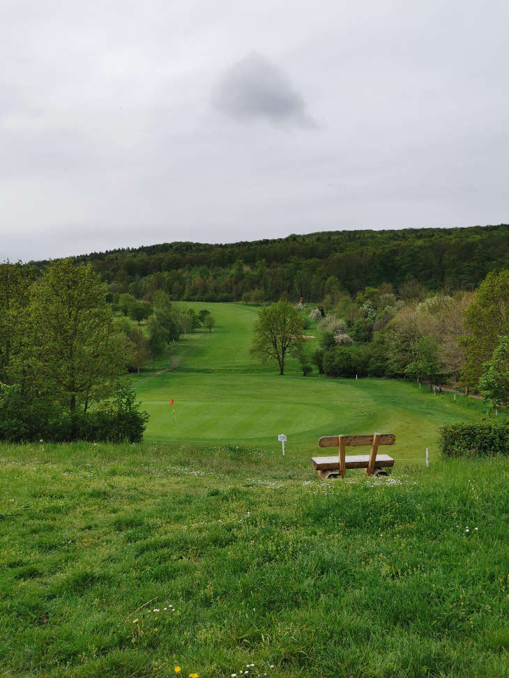 Eine Sitzbank auf einem Golfplatz