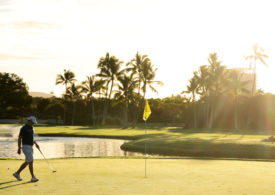 Ein Golfer auf einem Green vor Palmen und einem Sonnenuntergang