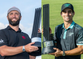 Gteiltes Bild von Jon Rahm und Joaquin Niemann mit Trophäen der LIV Tour